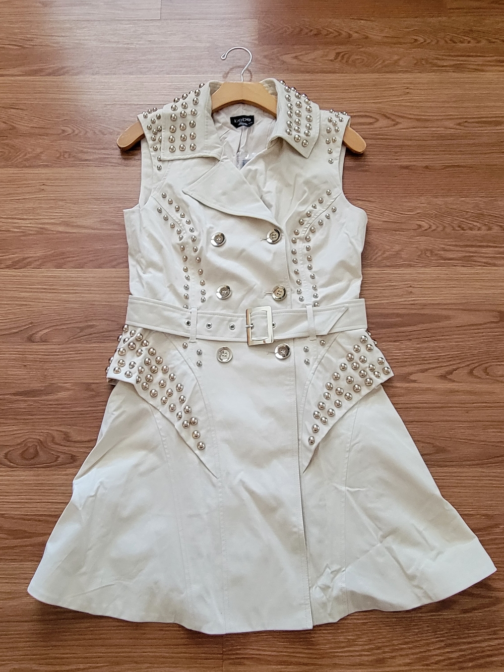 bebe Cream Sleeveless Studded Trench Dress with Belt
